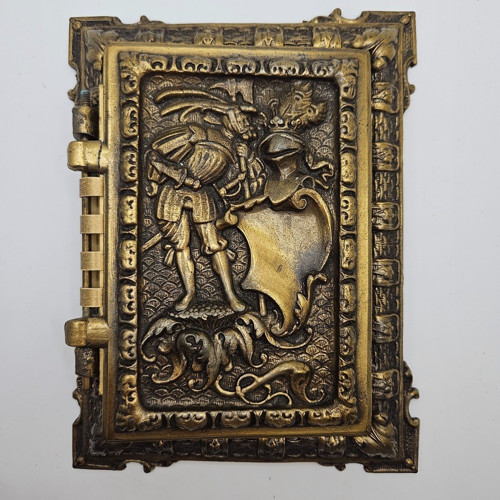 Vintage Medieval Knight Photo Album Brag Book Cast Metal Brass Tone Cover Gothic